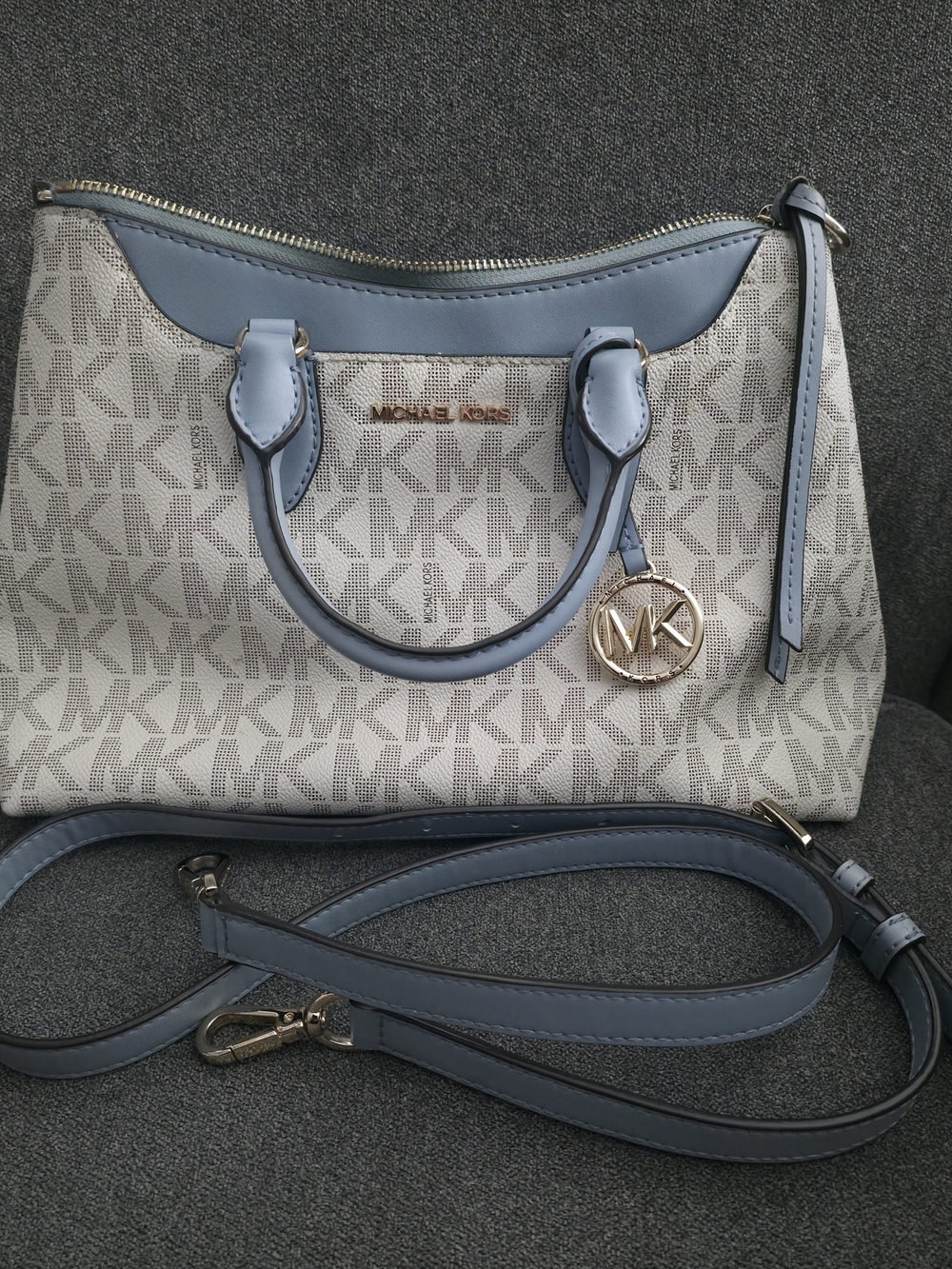 Michael Kors Cream MK Logo Satchel with Blue Trim